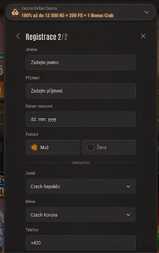 Formulář registrace 2/2 Neon54 Casino