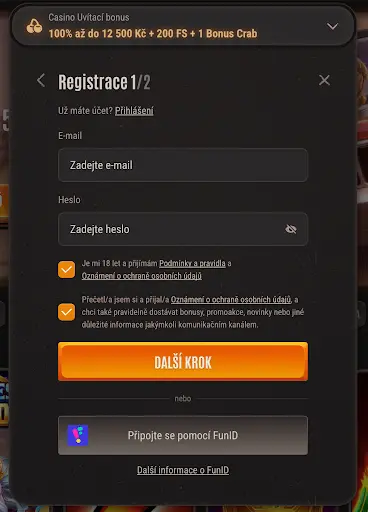 Registrace do casina Neon54 krok 1 – zadání emailu a hesla.