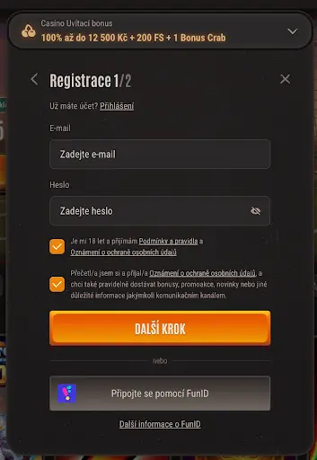 Formulář registrace 1/2 Neon54 Casino