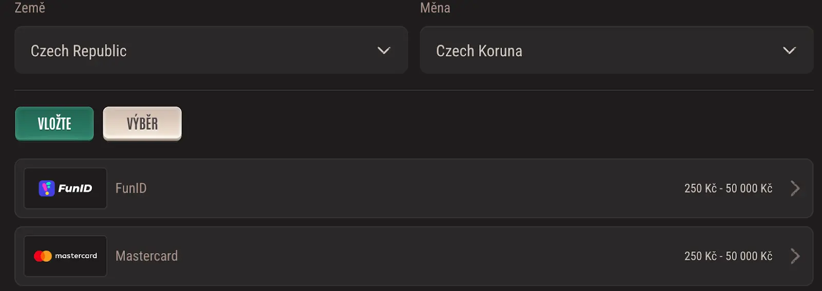 Platební metody Neon54 – FunID a Mastercard v CZK.